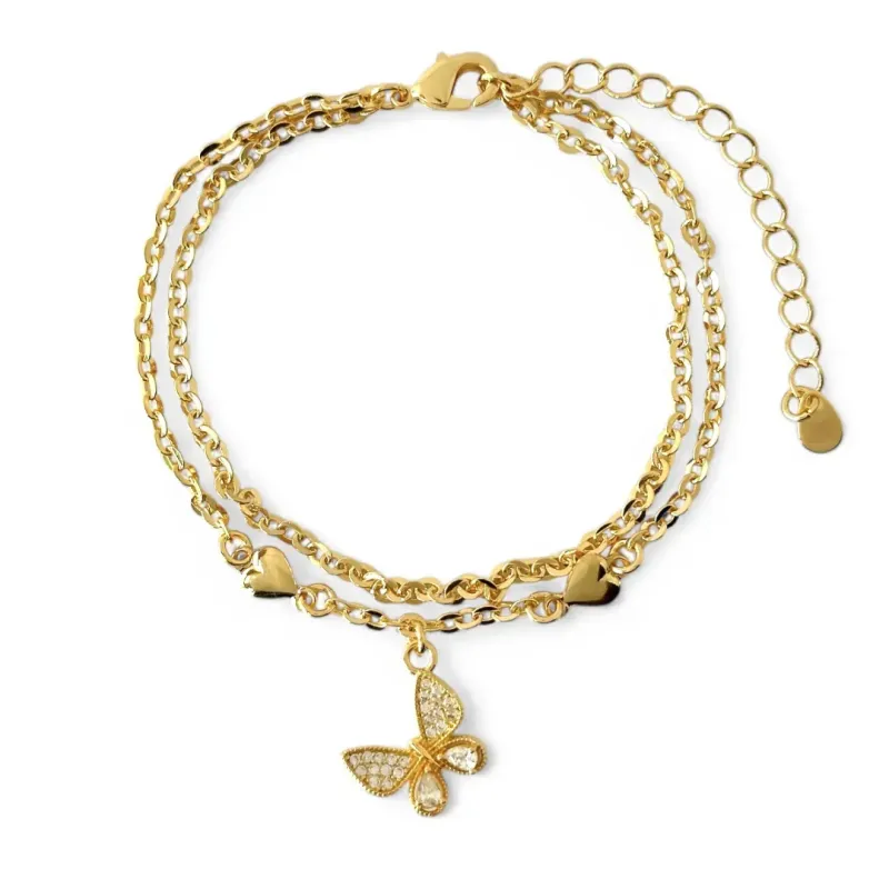 Pulseira Dupla Borboleta e Coração Liso Banhada a Ouro 18k com Zircônias Pulseira Dupla Borboleta e Coração Liso Banhada a Ouro 18k com Zircônias