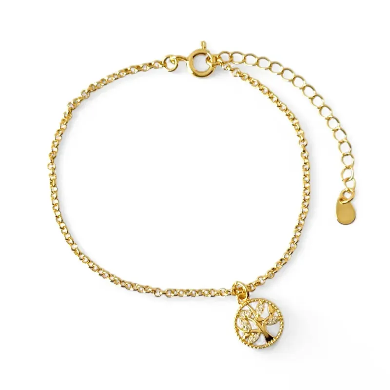 Pulseira Elo Português com Medalha Árvore da Vida Banhada a Ouro 18k com Zircônias Pulseira Elo Português com Medalha Árvore da Vida Banhada a Ouro 18k com Zircônias