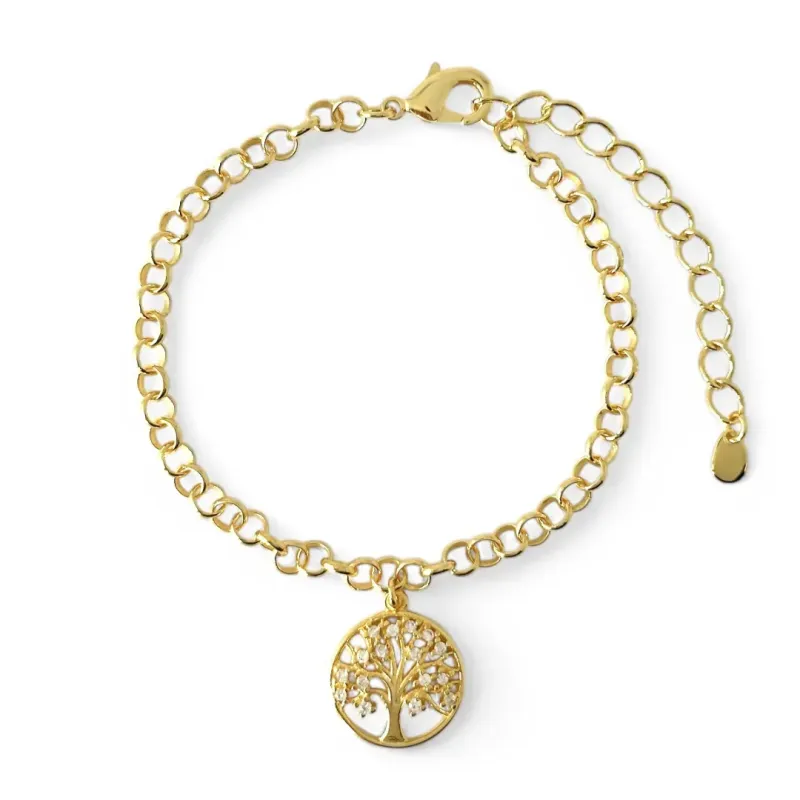 Pulseira Elo Português Medalha Árvore da Vida Banhada a Ouro 18k com Zircônias Pulseira Elo Português Medalha Árvore da Vida Banhada a Ouro 18k com Zircônias