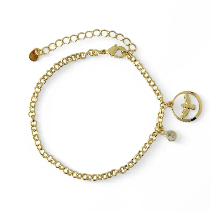 Pulseira Espírito Santo Banhada a Ouro 18k com Zircônia Pendurada Pulseira Espírito Santo Banhada a Ouro 18k com Zircônia Pendurada