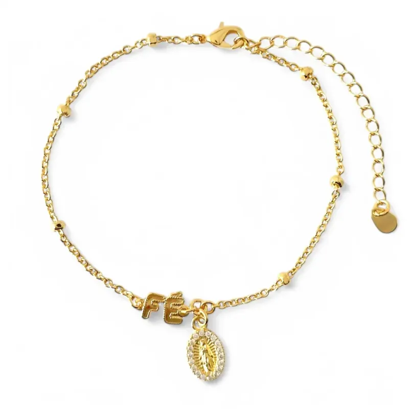 Pulseira Fé Nossa Senhora Guadalupe Bolinhas Banhada Ouro 18k com Zircônias Pulseira Fé Nossa Senhora Guadalupe Bolinhas Banhada Ouro 18k com Zircônias