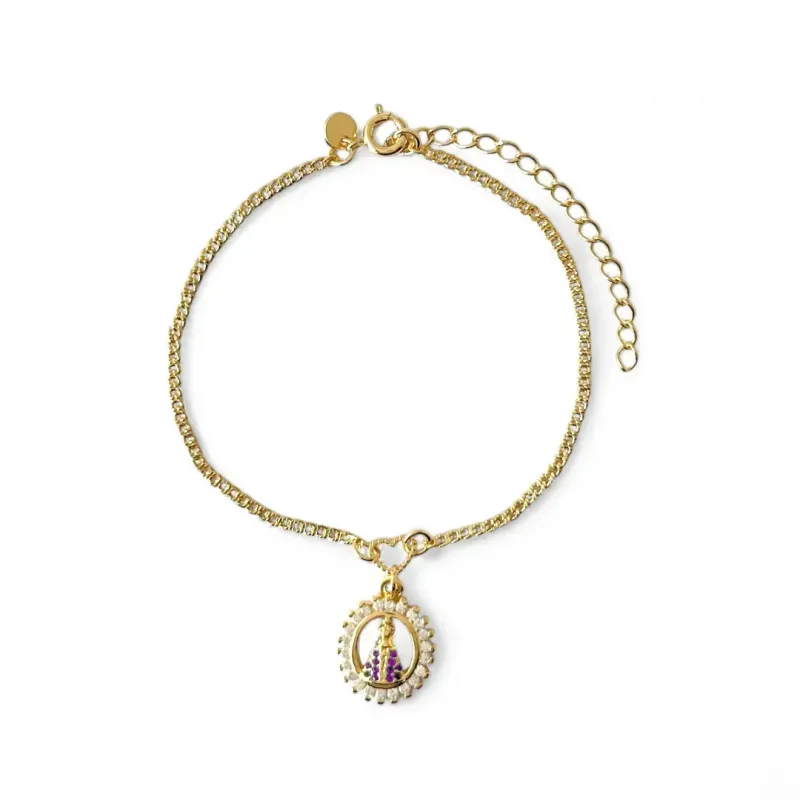 Pulseira Medalha Nossa Senhora Banhada a Ouro 18k  Zircônias Azul Pulseira Medalha Nossa Senhora Banhada a Ouro 18k  Zircônias Azul