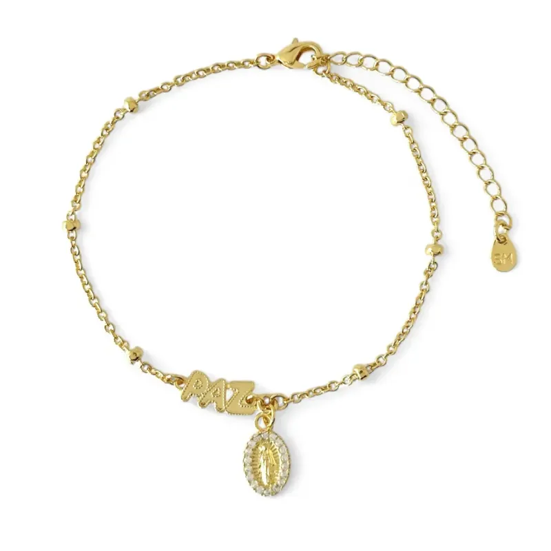Pulseira Paz Paz Nossa Senhora Guadalupe Banhada a Ouro 18k com Bolinhas e Zircônias Pulseira Paz Paz Nossa Senhora Guadalupe Banhada a Ouro 18k com Bolinhas e Zircônias