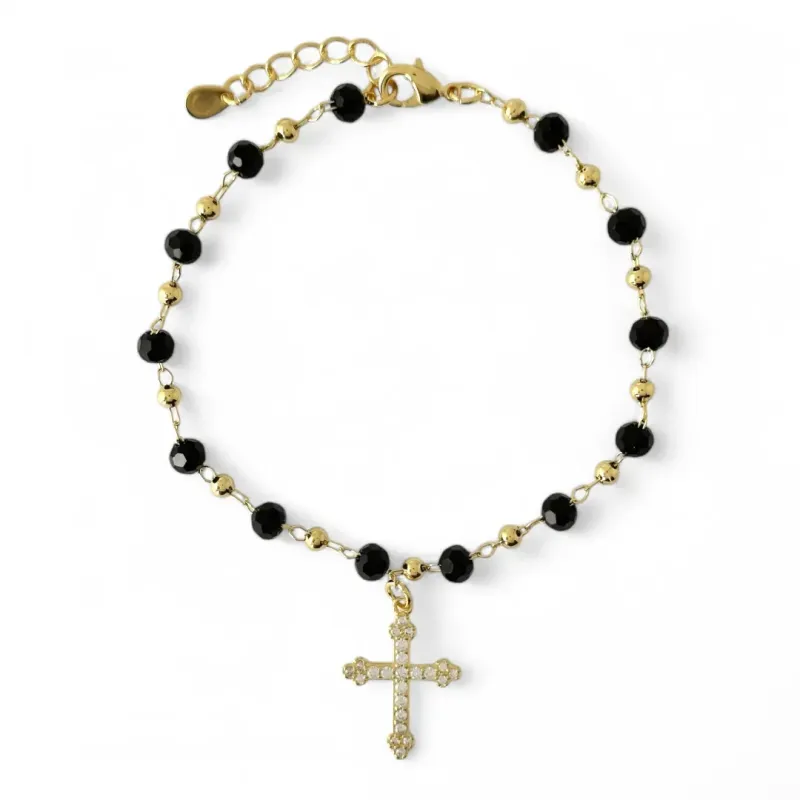 Pulseira Rosário Banhada a Ouro 18k com Cruz Cravejada com Zircônias e Cristais Pretos Pulseira Rosário Banhada a Ouro 18k com Cruz Cravejada com Zircônias e Cristais Pretos