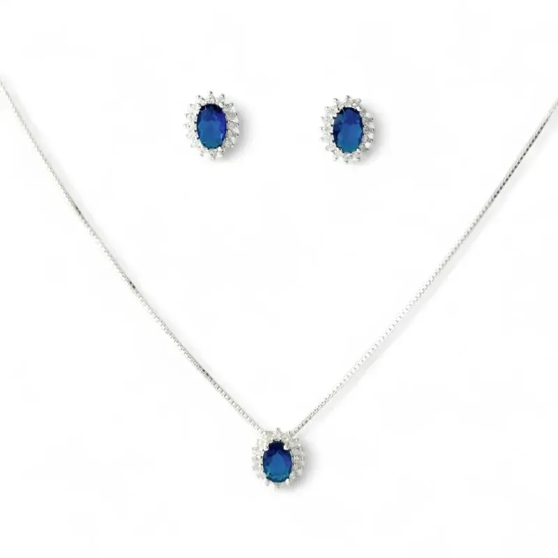 Conjunto Oval Prata 925 Azul Royal com Microzircônias ao Redor Conjunto Oval Prata 925 Azul Royal com Microzircônias ao Redor