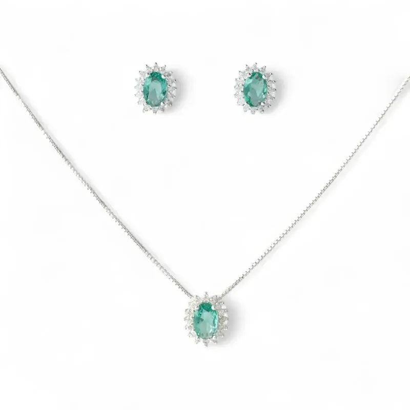 Conjunto Oval Prata 925 Azul Tiffany com Microzircônias ao Redor Conjunto Oval Prata 925 Azul Tiffany com Microzircônias ao Redor