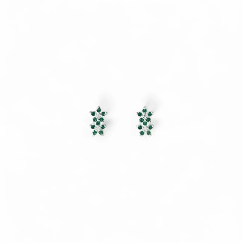 Brinco 2 Flores Prata 925 com Zircônias Verde Brinco 2 Flores Prata 925 com Zircônias Verde