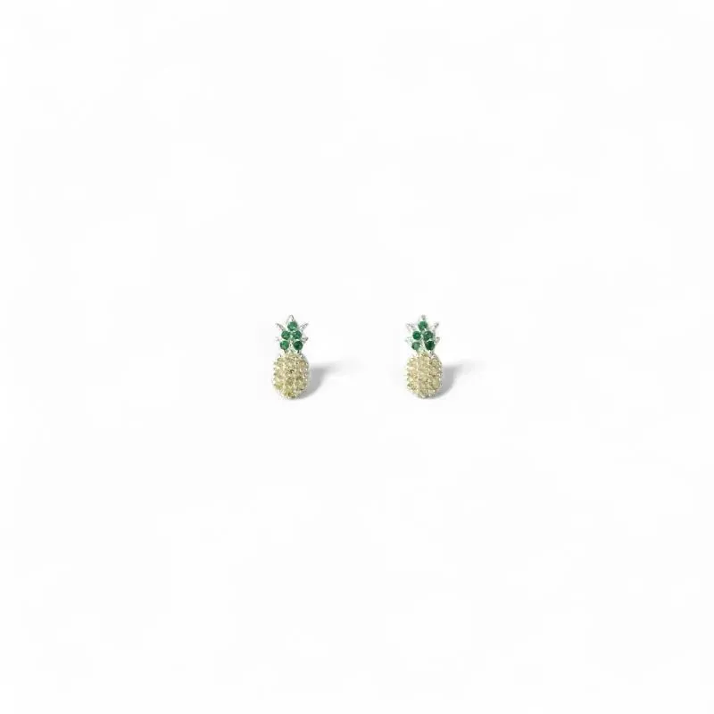 Brinco Abacaxi Prata 925 com Zircônias Amarelo e Verde Brinco Abacaxi Prata 925 com Zircônias Amarelo e Verde