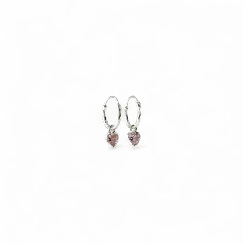 Brinco Argola com Ponto de Luz Coração Prata 925 com Zircônia Rosa  - 0,9cm Brinco Argola com Ponto de Luz Coração Prata 925 com Zircônia Rosa  - 0,9cm