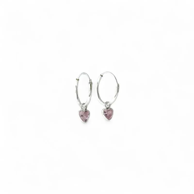 Brinco Argola com Ponto de Luz Coração Prata 925 com Zircônia Rosa  - 1,0cm Brinco Argola com Ponto de Luz Coração Prata 925 com Zircônia Rosa  - 1,0cm