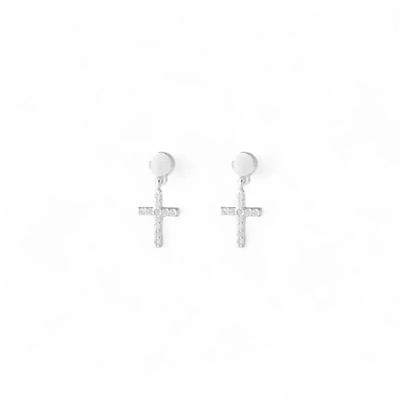 Brinco Cruz Prata 925 com Cruz Pendurada e Zircônias Brinco Cruz Prata 925 com Cruz Pendurada e Zircônias