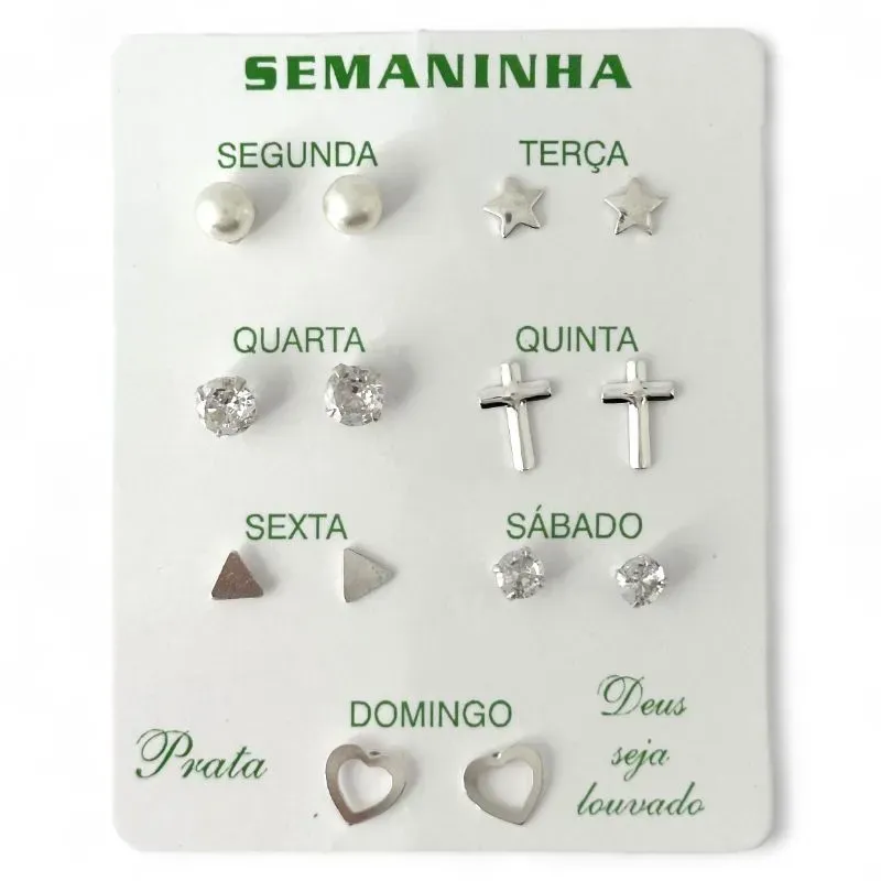 Kit de 7 Brincos Semaninha Prata 925 (Pérola, Estrela, Ponto de Luz, Cruz Triângulo, Ponto de Luz e Coração) Kit de 7 Brincos Semaninha Prata 925 (Pérola, Estrela, Ponto de Luz, Cruz Triângulo, Ponto de Luz e Coração)