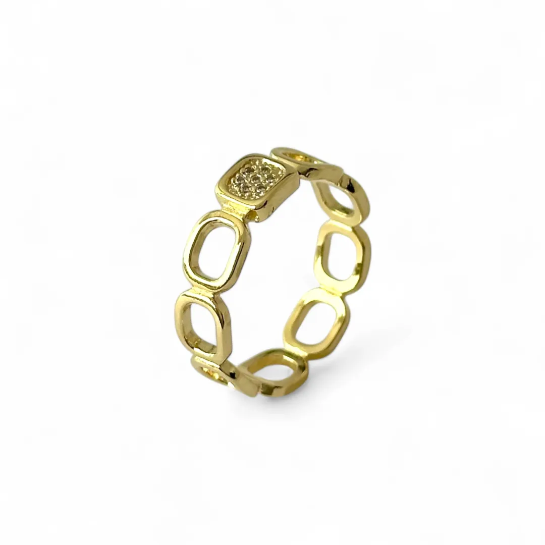 Anel Quadrados Vazados Banhado a Ouro 18k Detalhe Zircônia