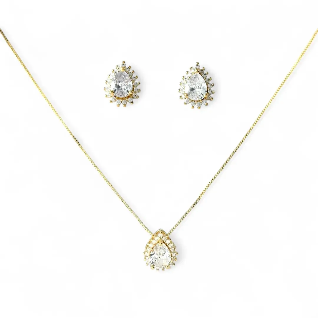 Conjunto Gota Banhado a Ouro 18K  Zircônia