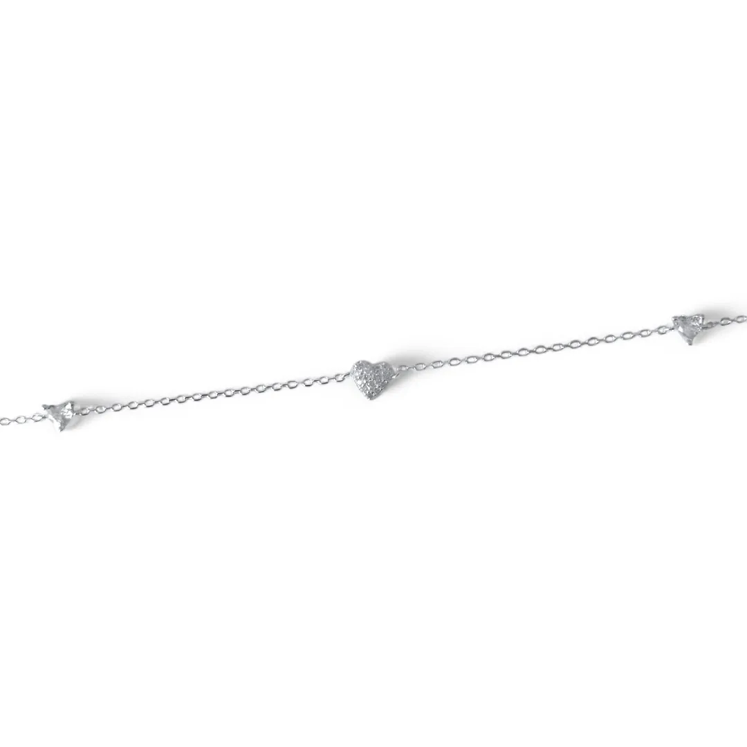 Pulseira Tornozeleira 3 Corações Prata 925 Zircônias