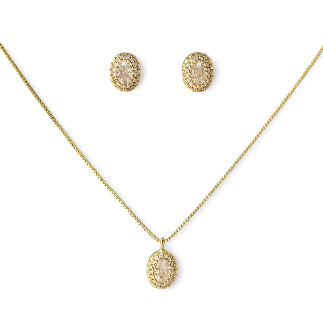 Conjunto Oval Zircônias Banhado a Ouro 18k com Microzircônias ao Redor