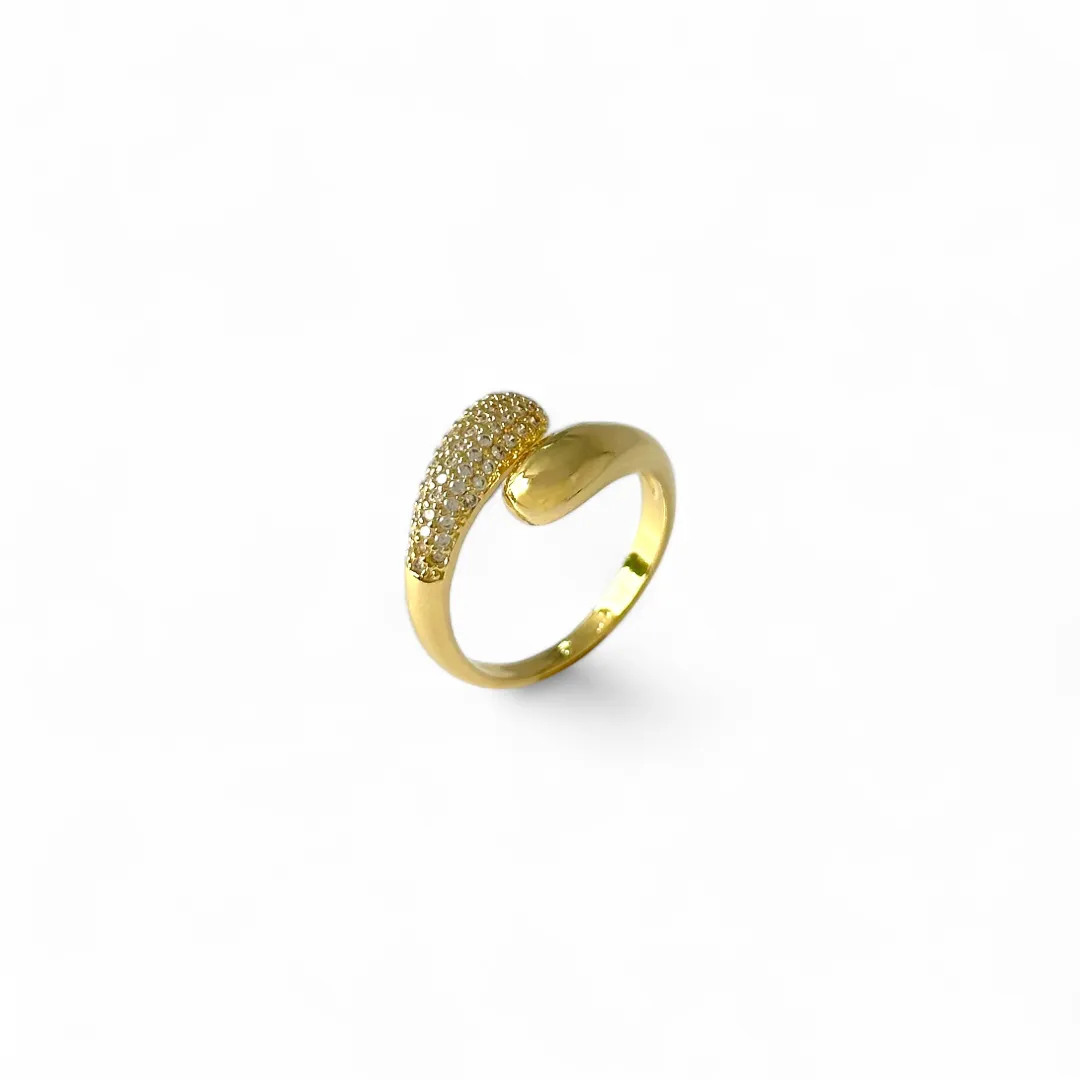 Anel Aberto Estilo Gota Banhado a Ouro 18k Cravejado Zircônias - Tam 20