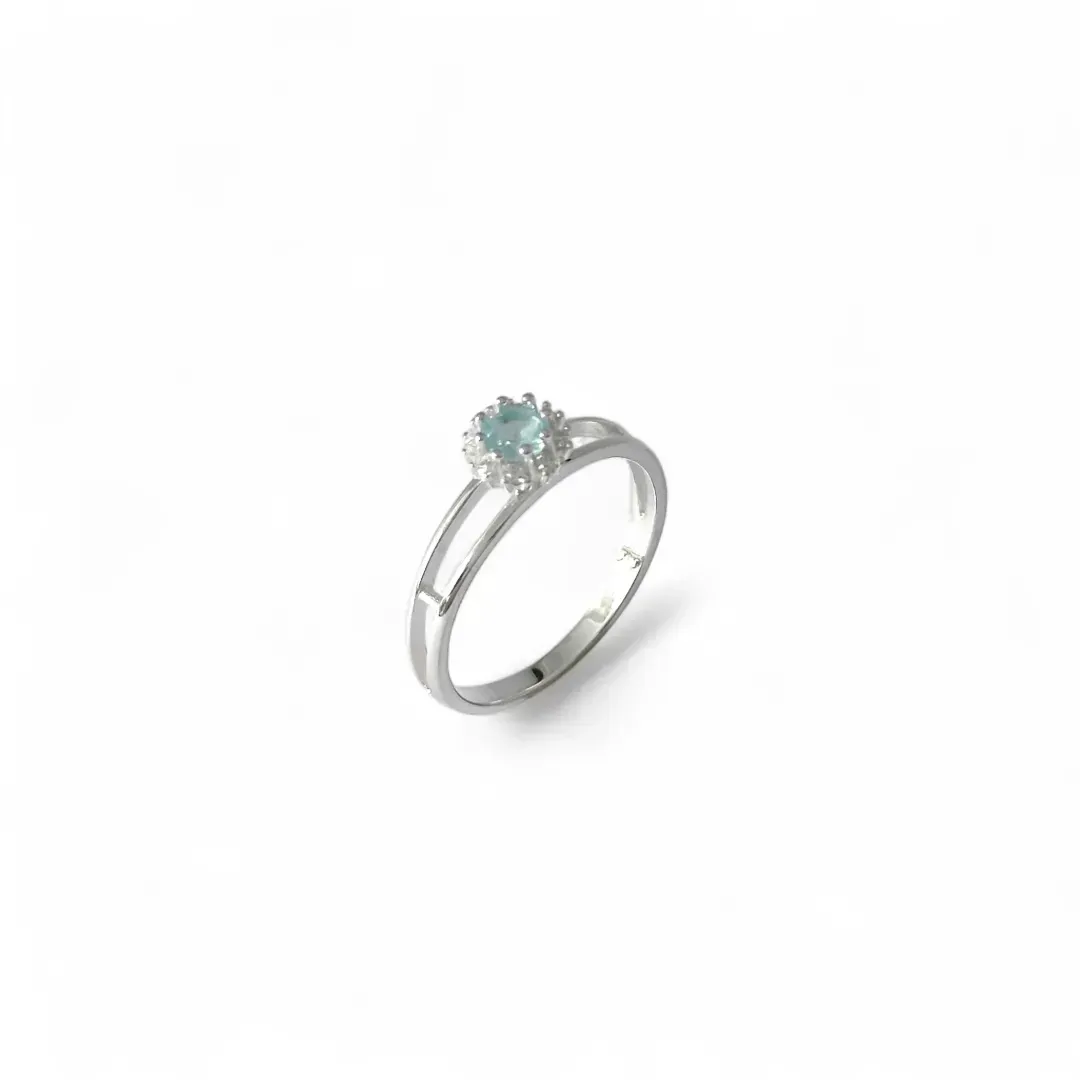 Anel Aro Duplo e Solitário Prata 925 Estilo Flor com Zircônia Azul Tiffany