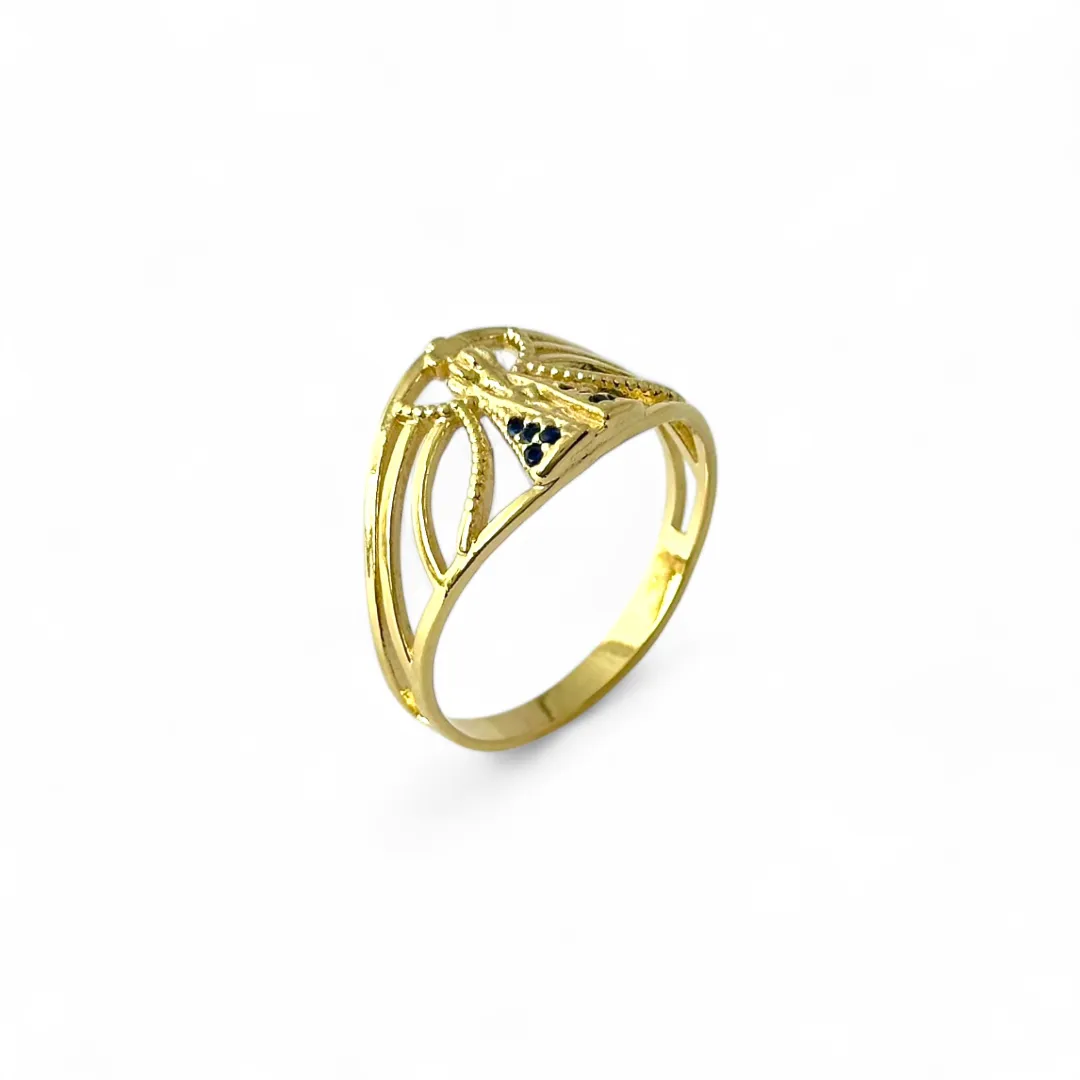 Anel Nossa Senhora Banhado a Ouro 18k com Linhas e Zircônias Azul