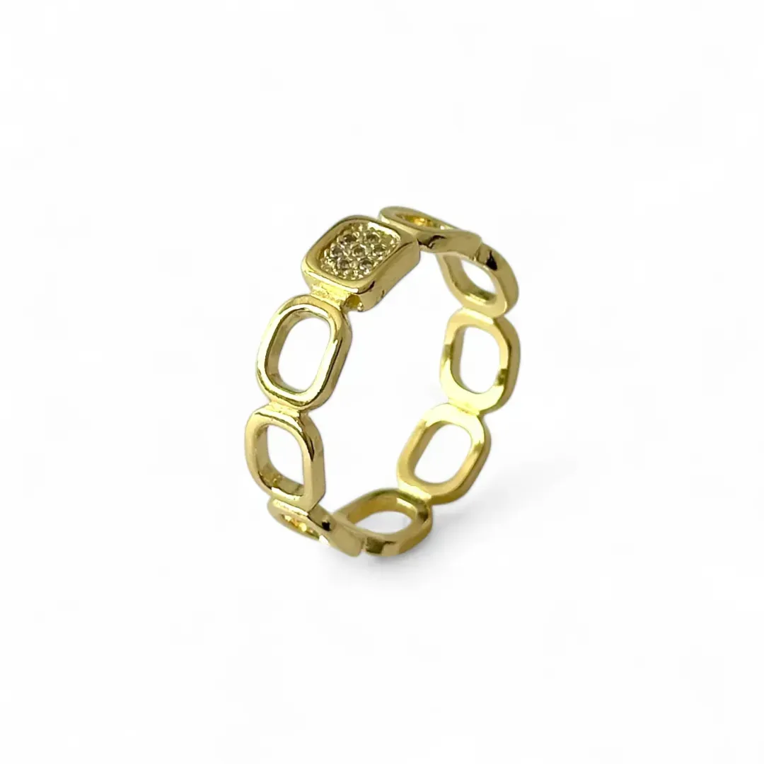 Anel Quadrados Vazados Banhado a Ouro 18k Detalhe Zircônia