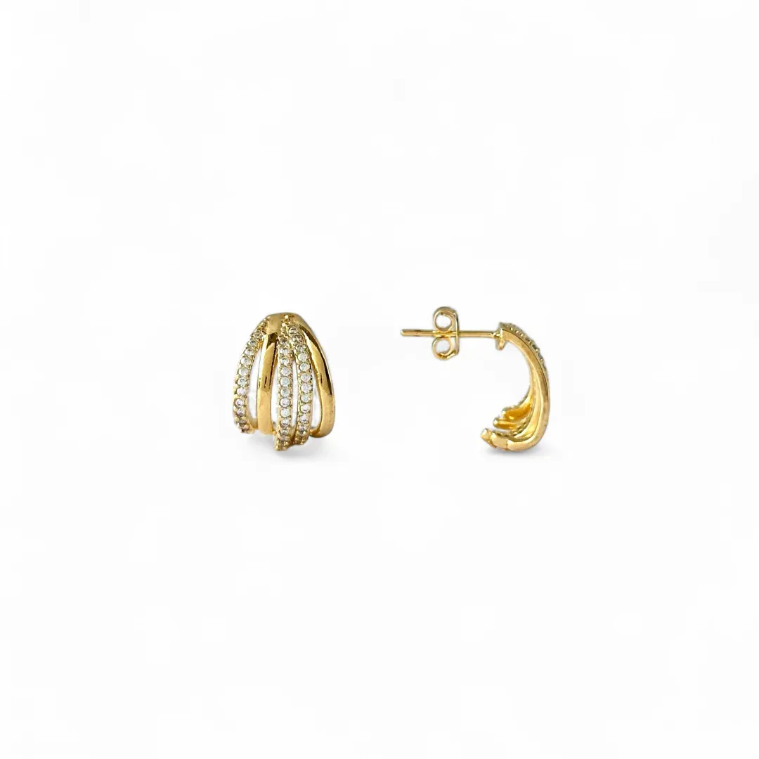 Brinco Argola 5 Linhas Banhado a Ouro 18k Lisas e com Zircônias