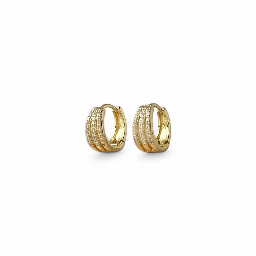 Brinco Argola Banhado a Ouro 18k 3 Linhas de Zircônias Vazado