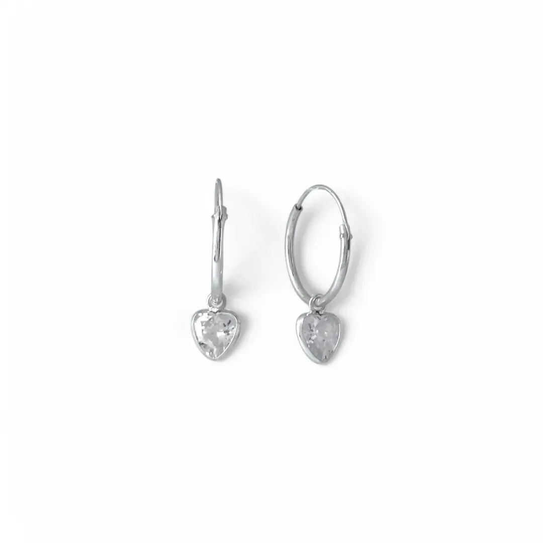 Brinco Argola Prata 925 Coração em Zircônia Pendurado - 1,5cm