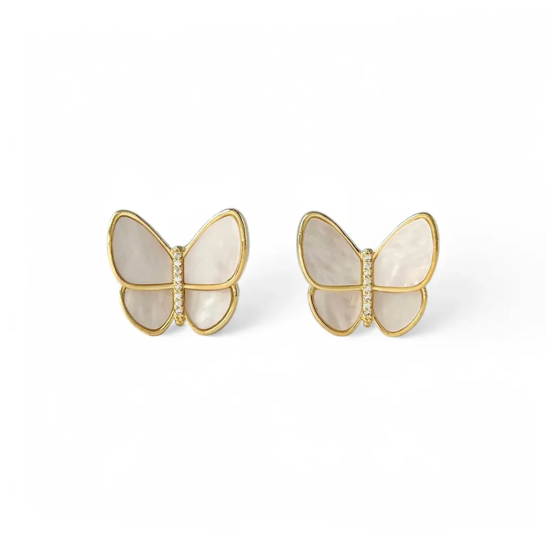 Brinco Borboleta Van Cleef Banhado a Ouro 18k Madrepérola e Zircônias