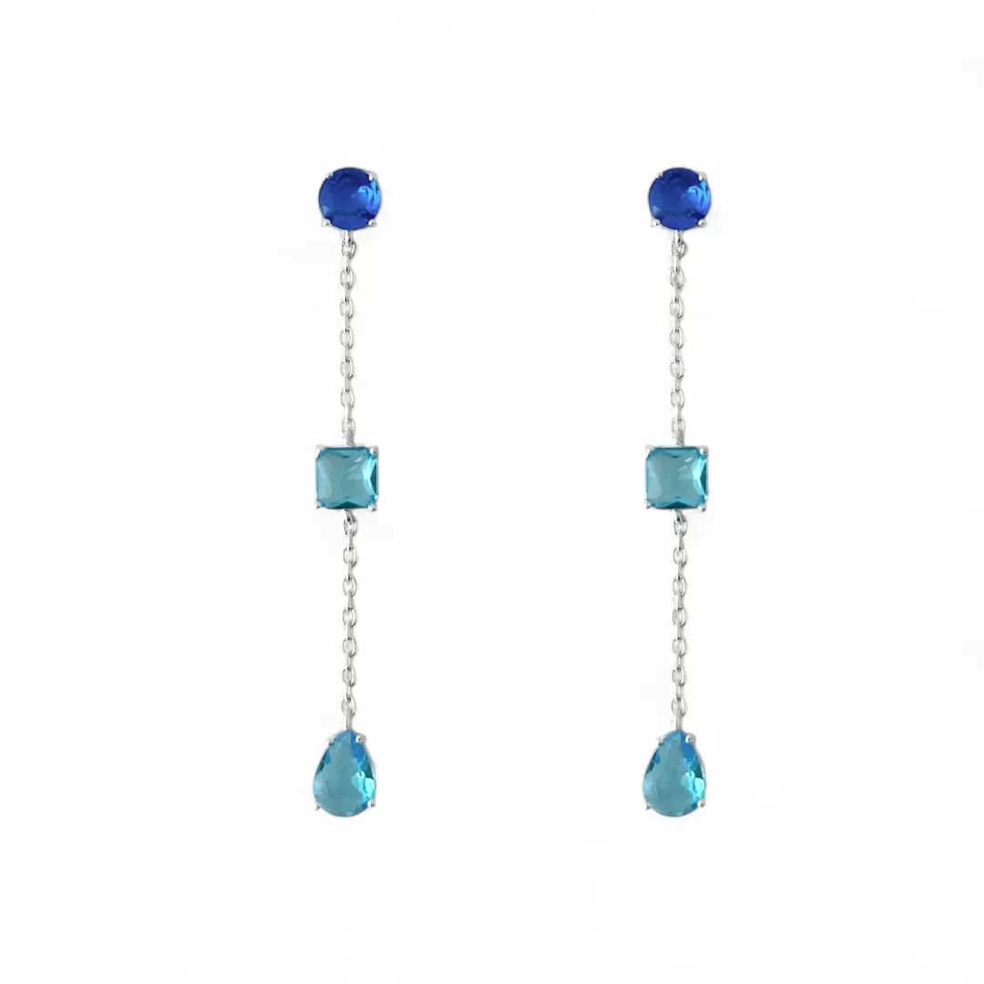 Brinco Festa Pedras Penduradas Prata 925 Azul Safira e Azul Tiffany com Zircônias