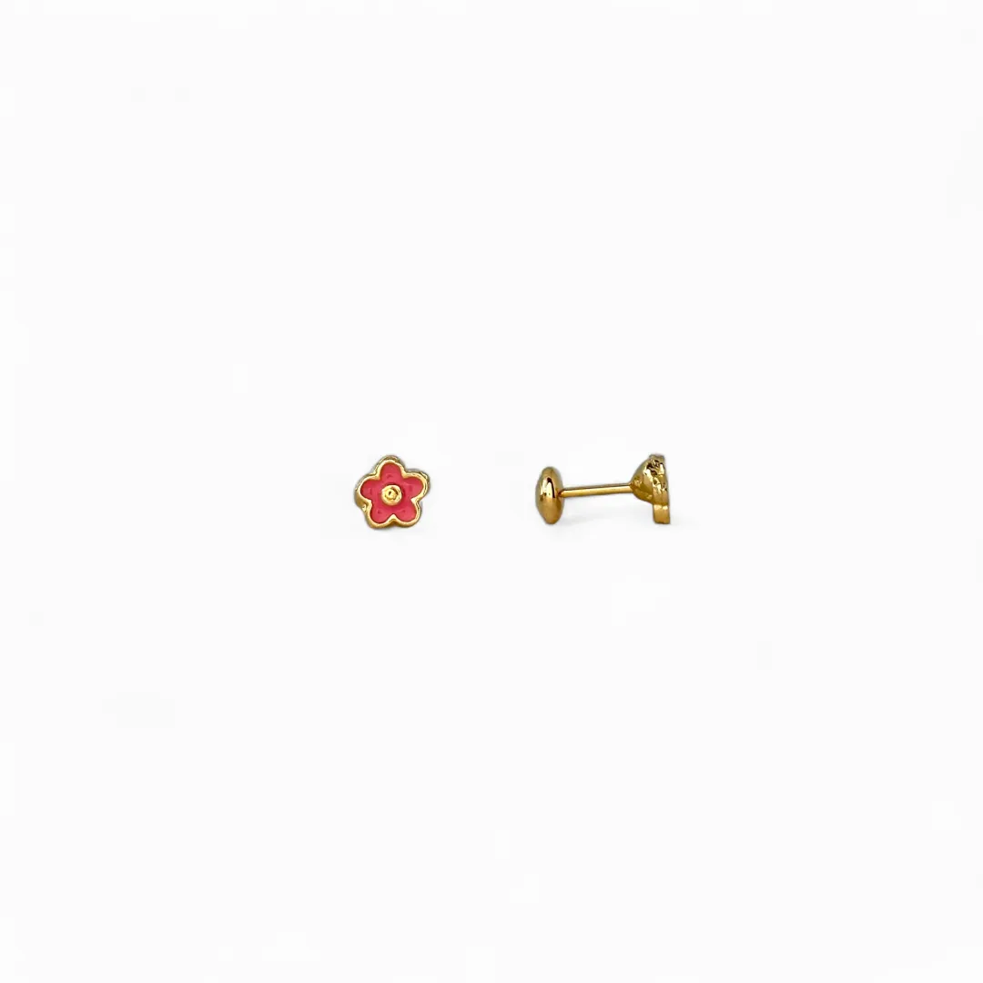Brinco Infantil Banhado a Ouro 18k Flor Rosa com Tarraxa Baby