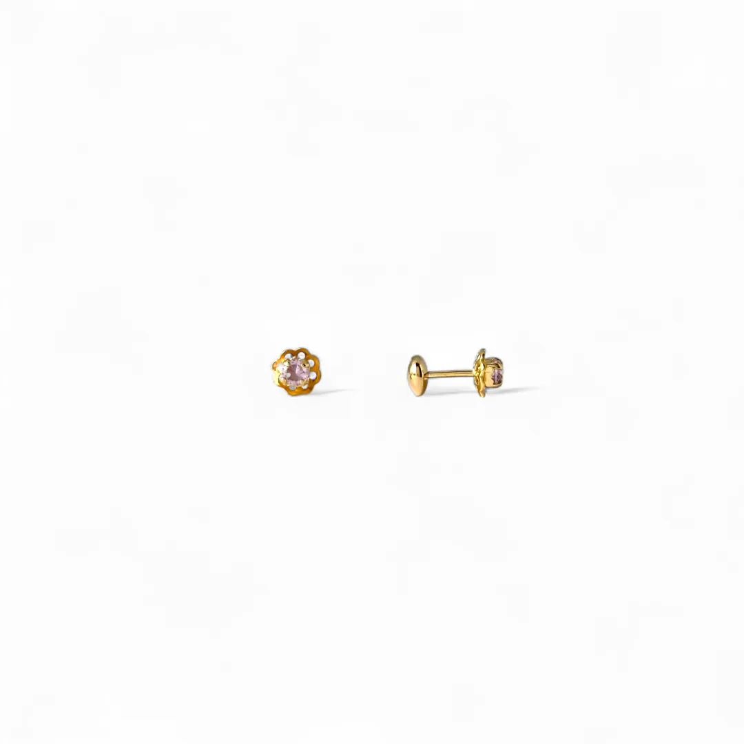 Brinco Infantil Flor Banhado a Ouro 18k com Zircônia Rosa Claro