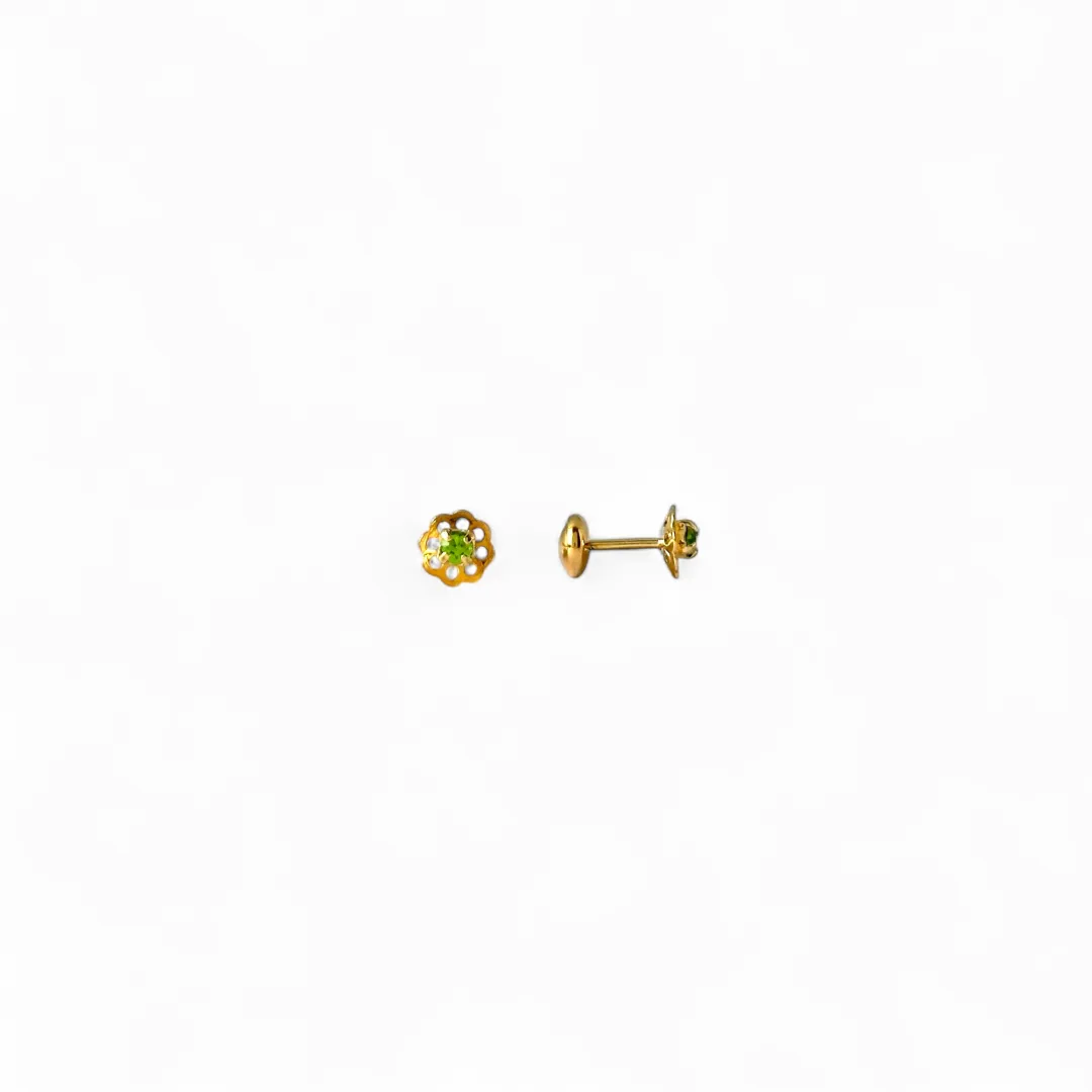 Brinco Infantil Flor Banhado a Ouro 18k com Zircônia Verde