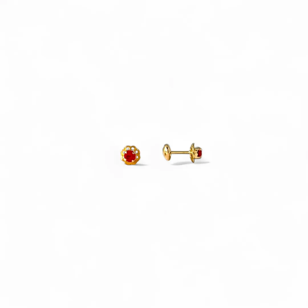 Brinco Infantil Flor Banhado a Ouro 18k com Zircônia Vermelha