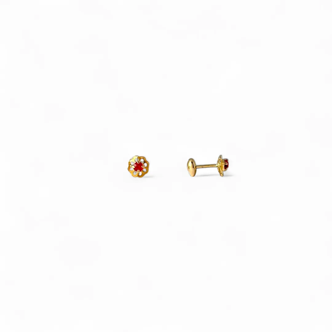 Brinco Infantil Flor Banhado a Ouro 18k com Zircônia Vermelha