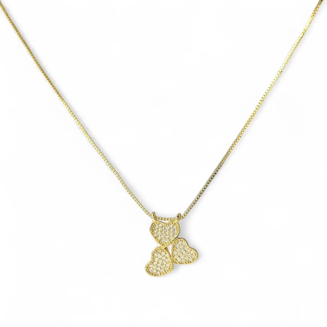 Colar 3 Corações Banhado a Ouro 18k com Zircônias