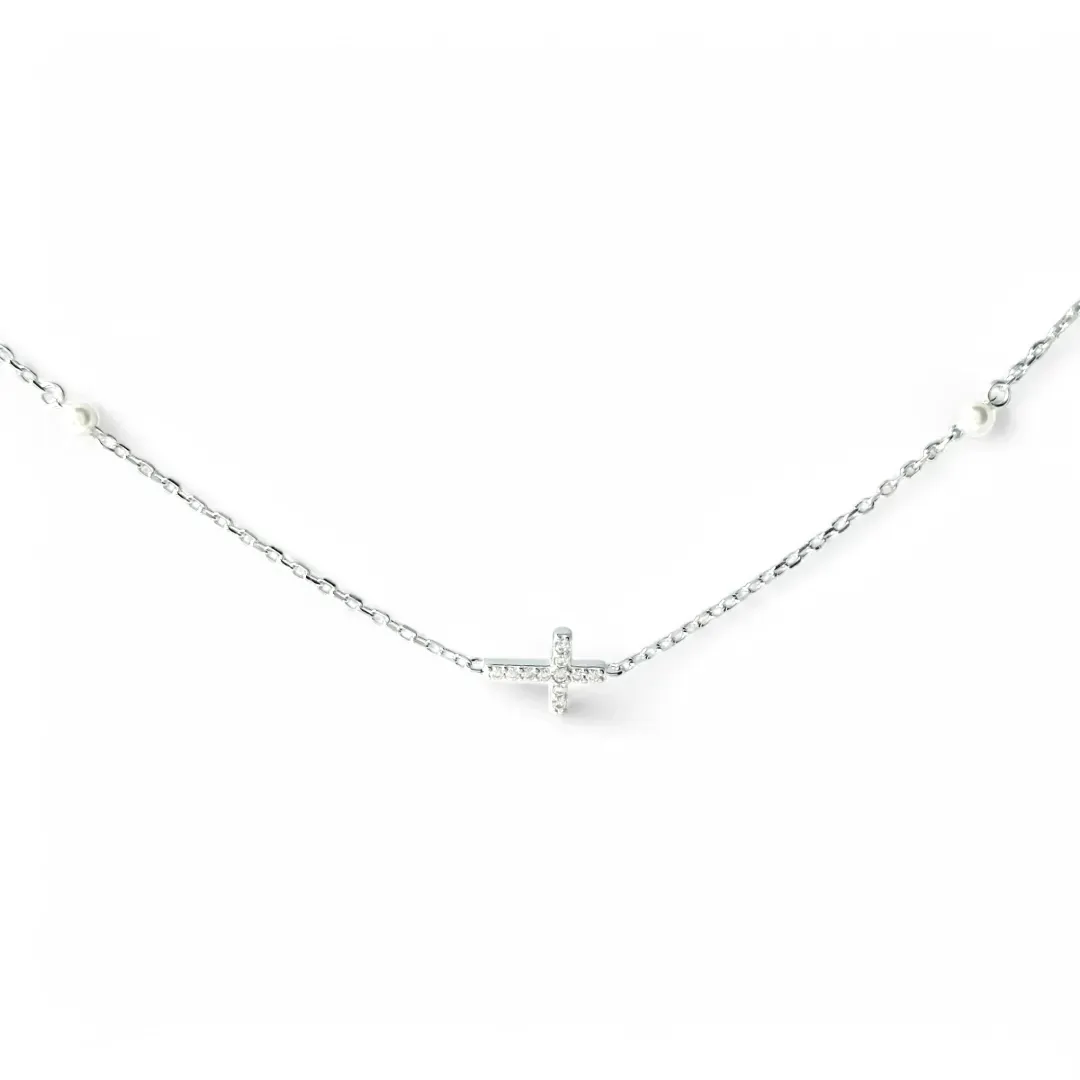 Colar Choker Cruz Prata 925 com Pérolas e Zircônias