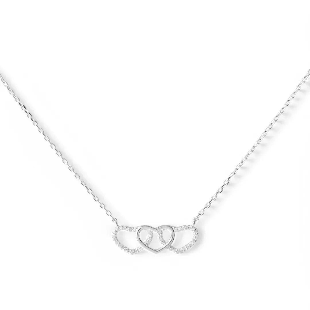 Colar Corações Prata 925 3 Corações Entrelaçados Liso/Zircônias