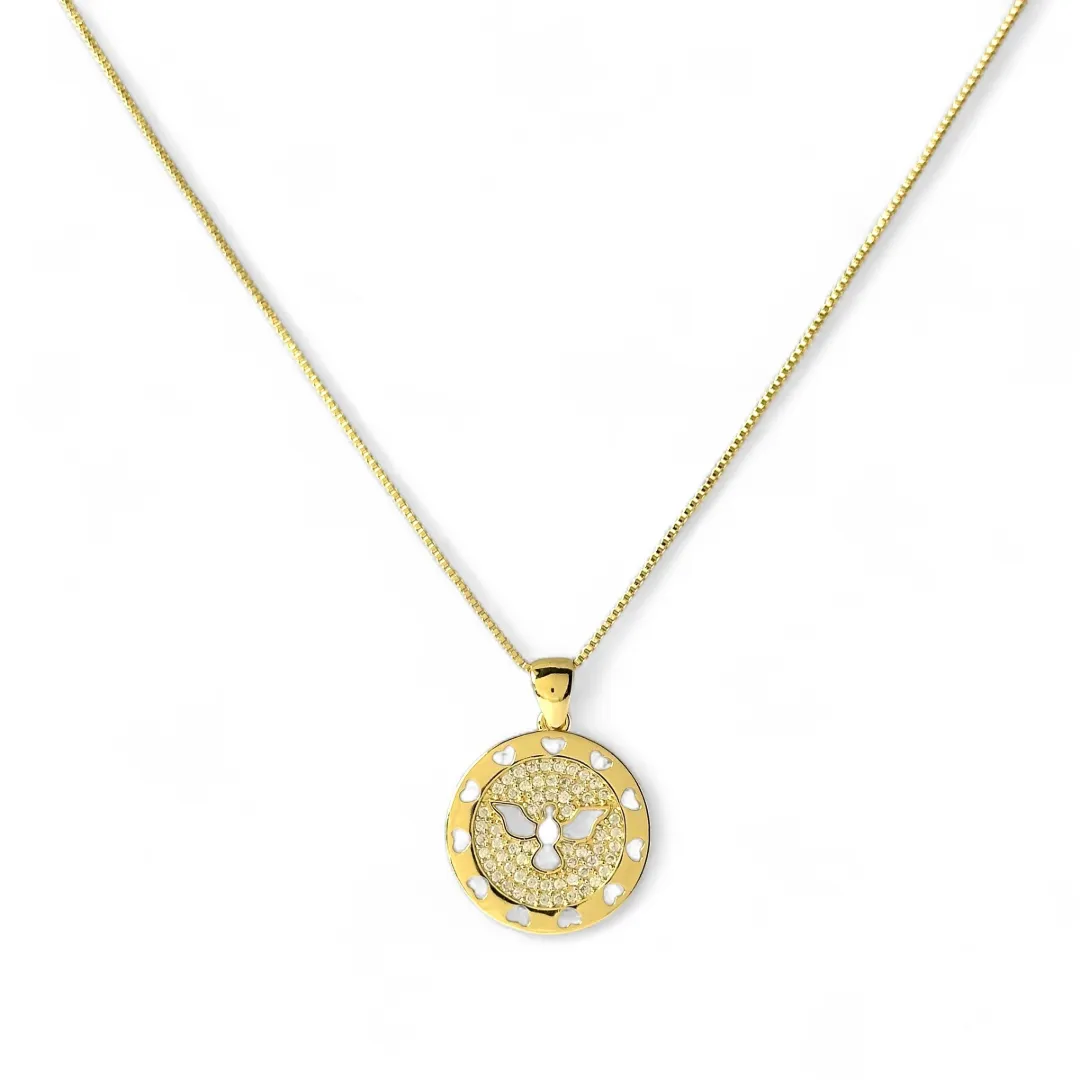 Colar Medalha Espírito Santo Banhado a Ouro 18k Vazado com Zircônias