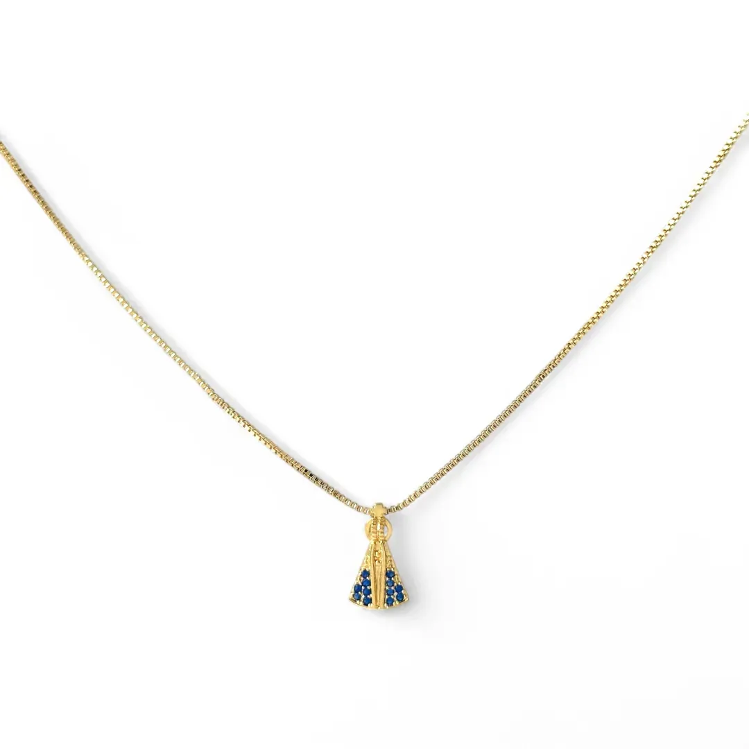 Colar Nossa Senhora Banhado a Ouro 18k com Zircônias Azul