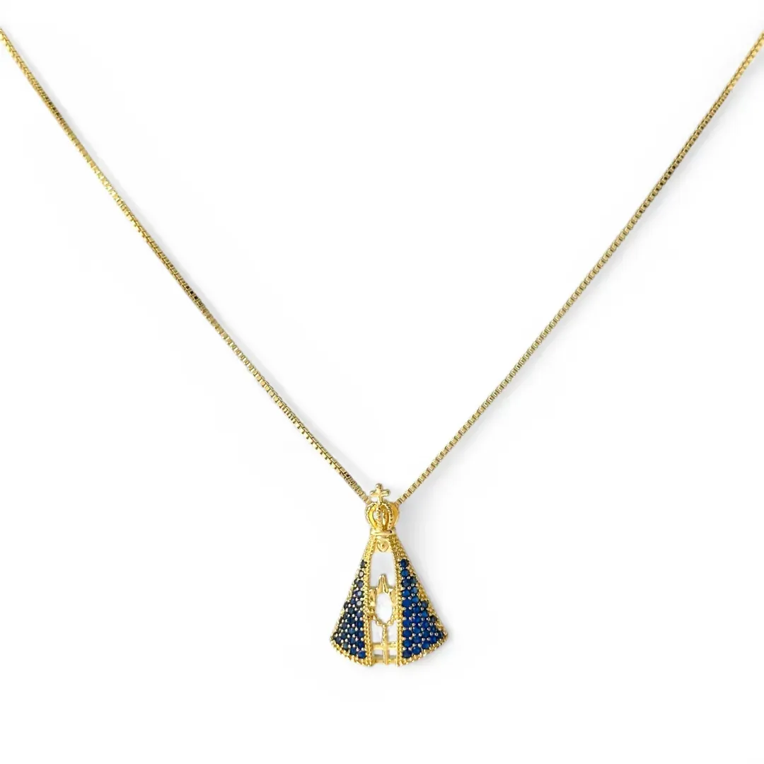 Colar Nossa Senhora Banhado a Ouro 18k com Zircônias Azul