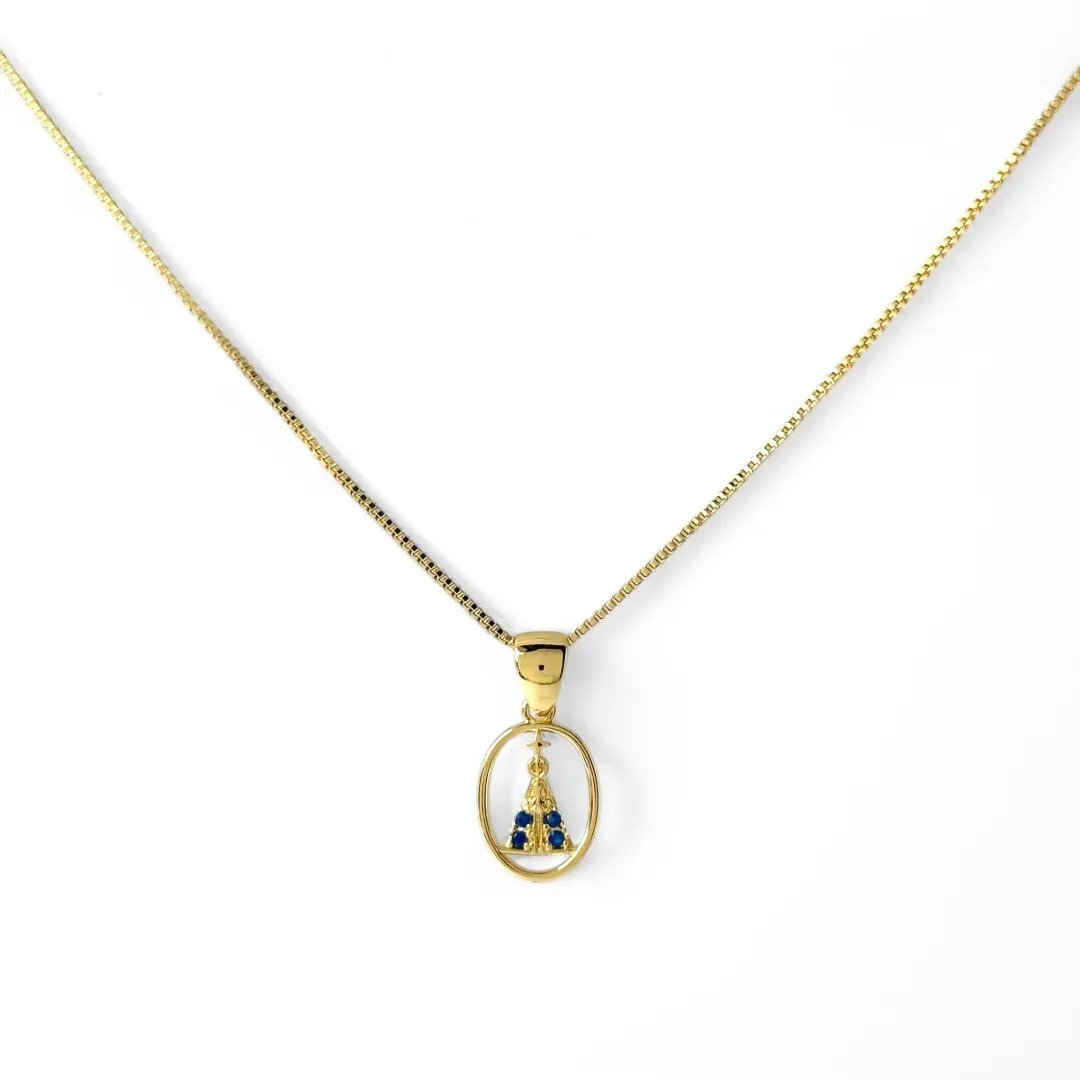 Colar Nossa Senhora Oval Banhado a Ouro 18k com Zircônias Azul