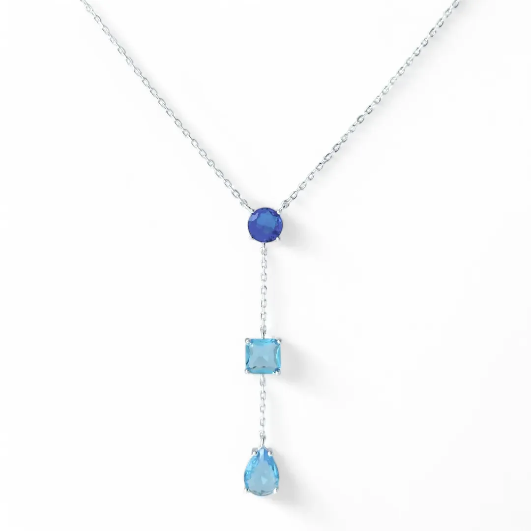 Colar Pedras Azuis Prata 925 Pedras Penduradas Azul Zircônias