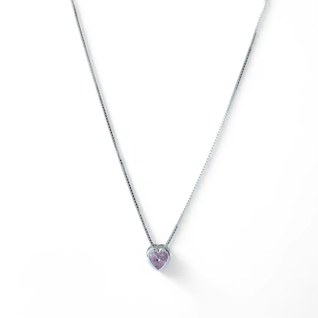 Colar Ponto de Luz Coração Prata 925 Zircônia Rosa Claro