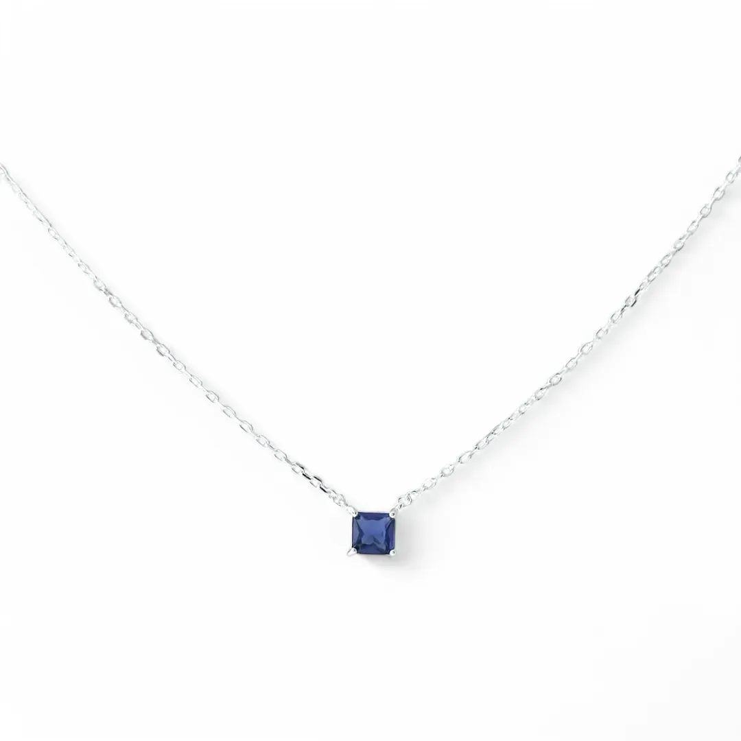 Colar Ponto de Luz Quadrado Prata 925 Zircônia Azul Royal