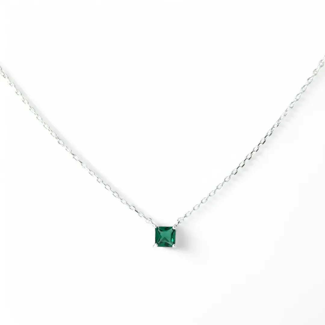 Colar Ponto de Luz Quadrado Prata 925 Zircônia Verde Esmeralda