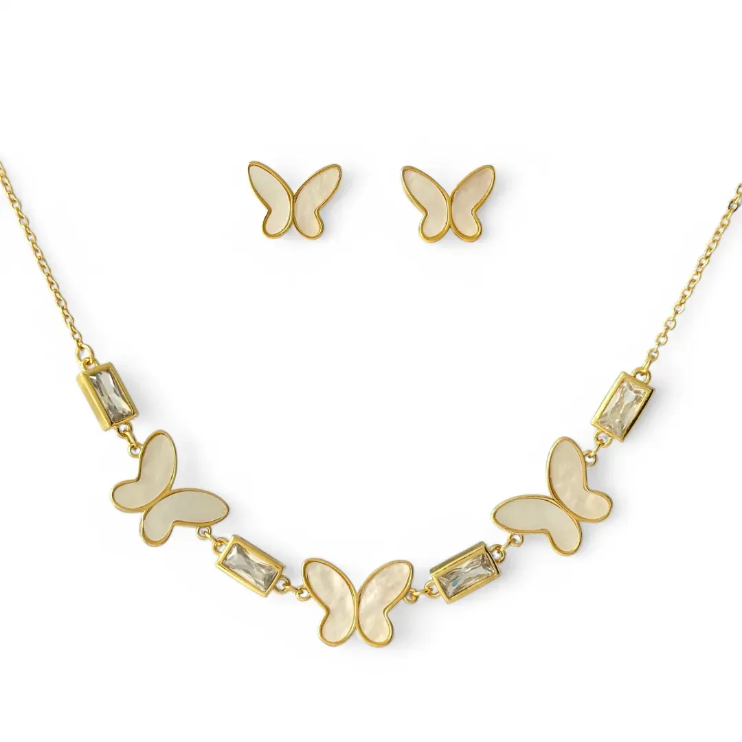 Conjunto Borboleta Van Cleef Banhado a Ouro 18k Madrepérola e Zircônias