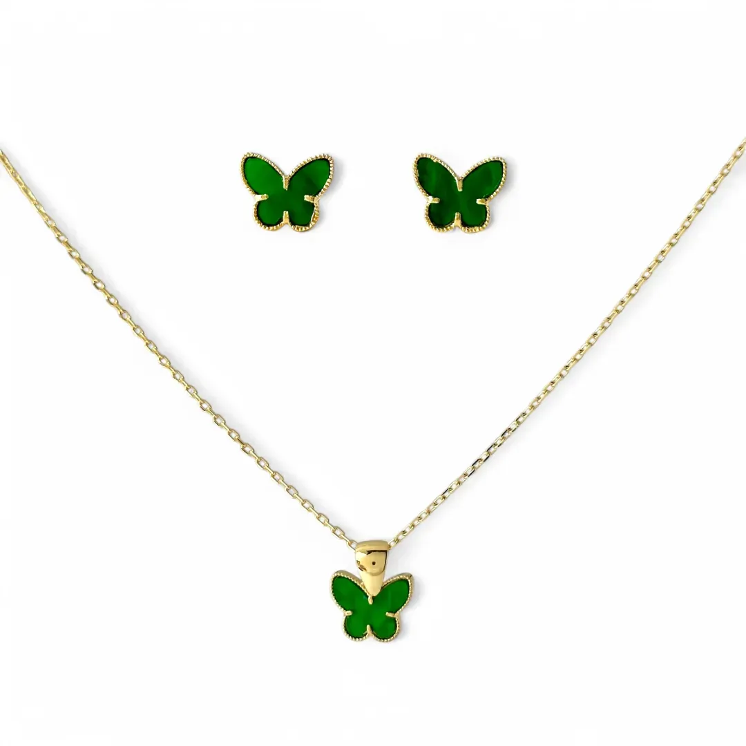Conjunto Borboleta Van Cleef Banhado a Ouro 18k Verde