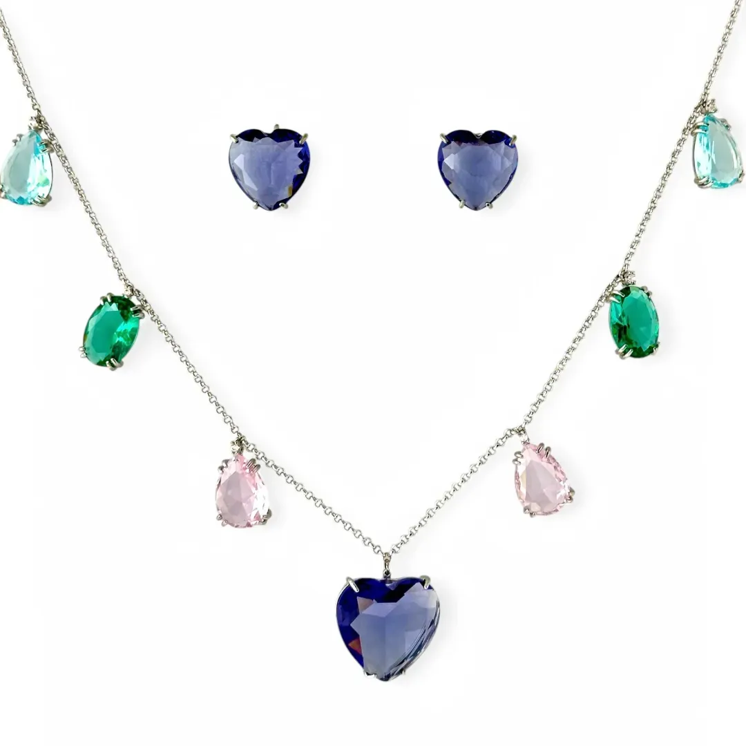 Conjunto Color Coração Cristal  - Ródio Branco