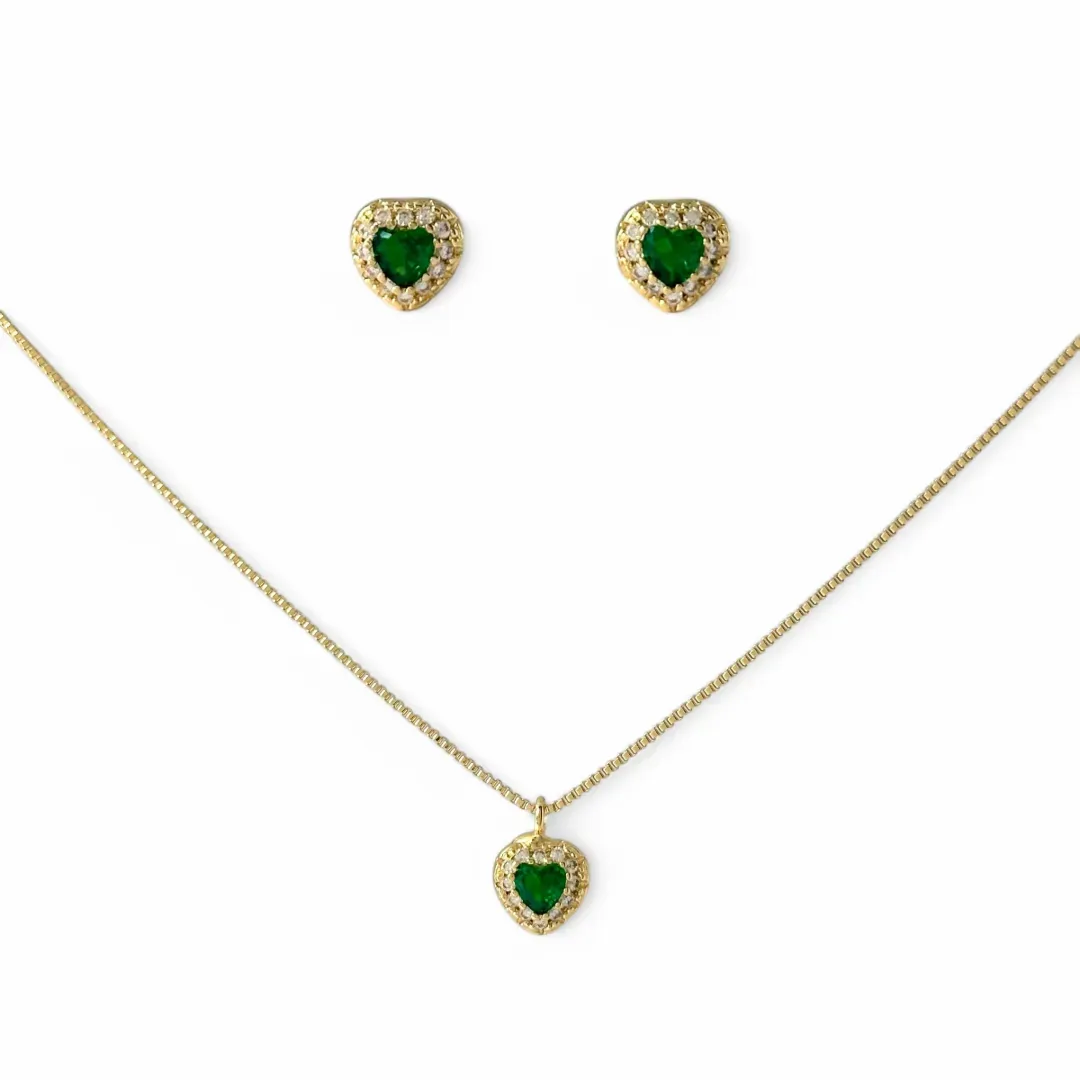 Conjunto Coração Verde Banhado a Ouro 18k com Microzircônias ao Redor