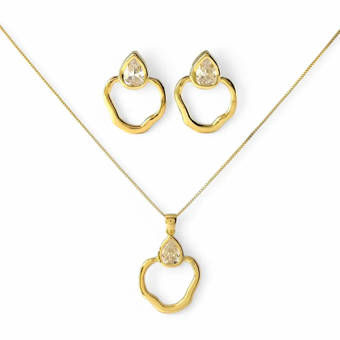 Conjunto Orgânico Banhado a Ouro 18k com Gota em Zircônia